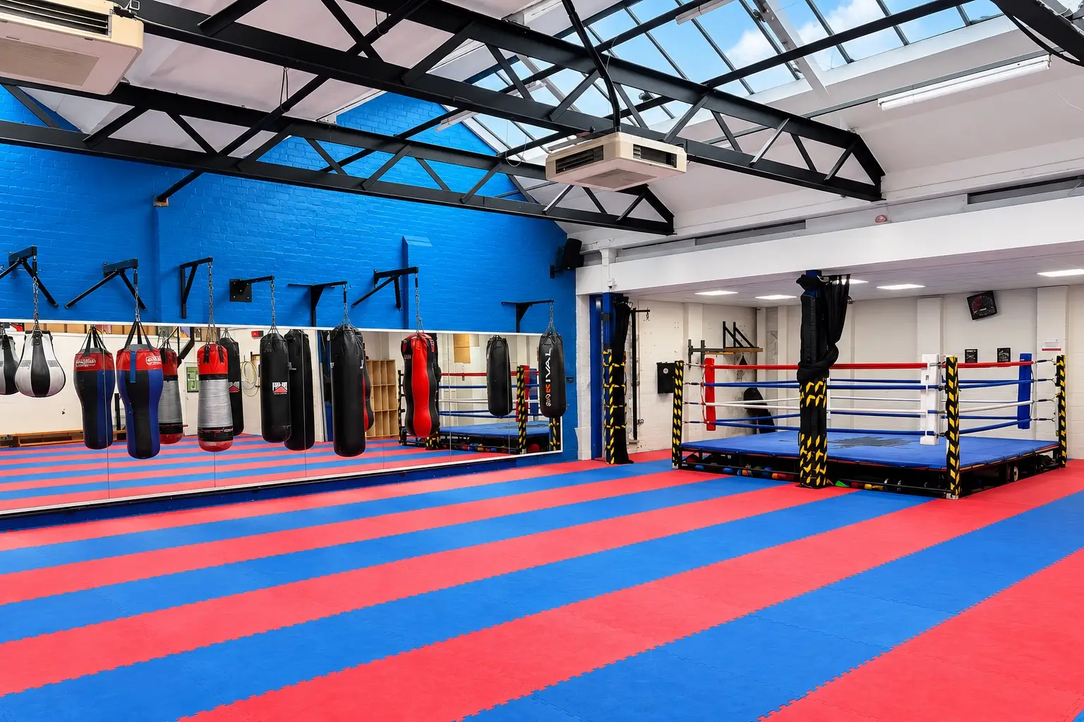 The Waterfront boxing gym, with a full-size ring, punch bags and a mirrored wall under a pitched skylight